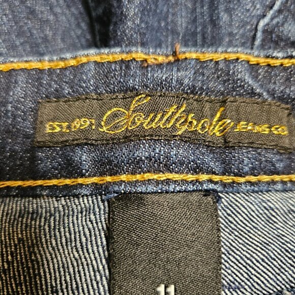 Southpole Flared Jeans Logo Embroidered Pocket Dark Wash Denim Womens 11x32 Y2K - Picture 3 of 10